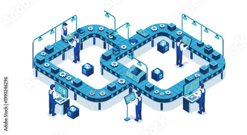 A detailed blue isometric factory scene depicts professional workers in overalls managing a complex looping conveyor belt system filled with gears.