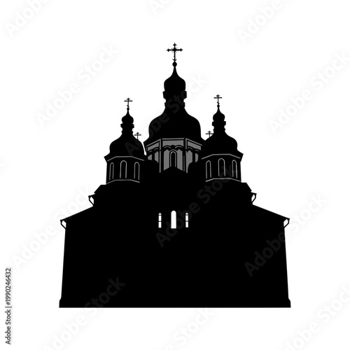 Silhouette of Traditional Orthodox Church with Domes and Crosses