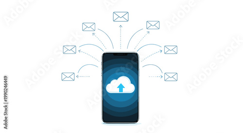 A sleek modern smartphone displays a prominent cloud upload icon while numerous digital envelope icons fly outward in a symmetrical arc against white space.