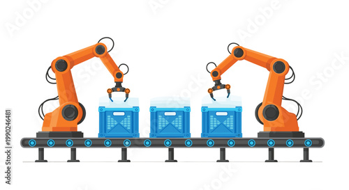 Two powerful orange industrial robotic arms precisely manipulate bright blue plastic crates on a moving conveyor belt within a clean automated factory setting.