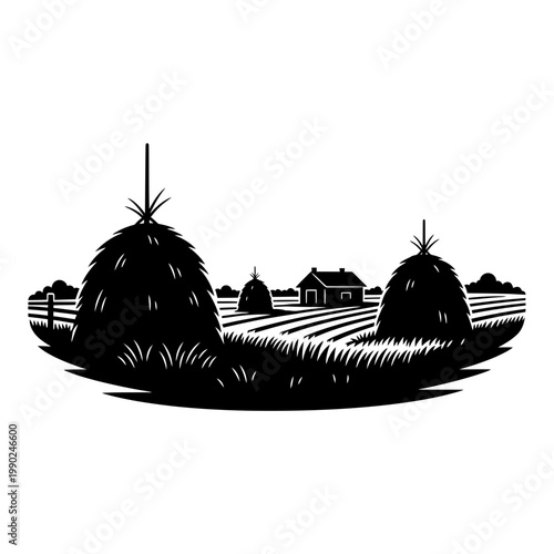 Rural Farm Landscape Illustration with Haystacks and Cottage