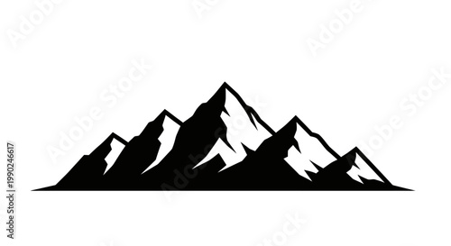 Black silhouette mountain range landscape with snow capped peaks on white background