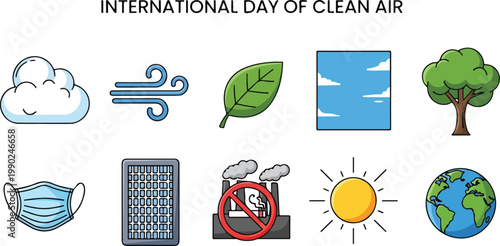 International Day of Clean Air vector icon set for environmental awareness and pollution control