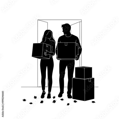 Silhouette of young couple moving into new home with cardboard boxes
