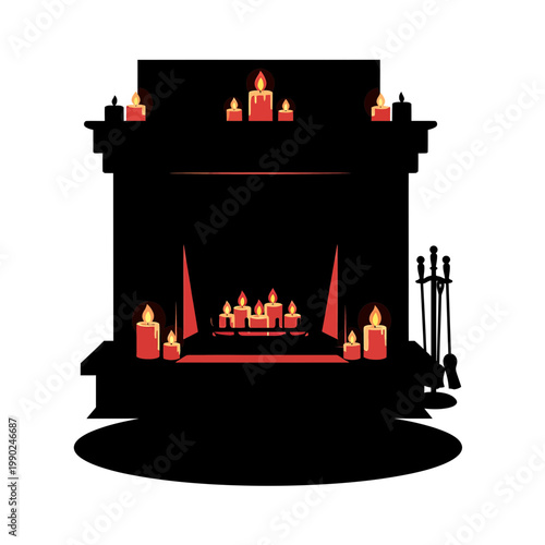 Fireplace Silhouette with Glowing Lit Candles Vector Illustration