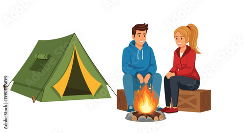 A cheerful young couple sits on wooden crates while enjoying a warm campfire next to a green triangular tent against a clean white background setting.