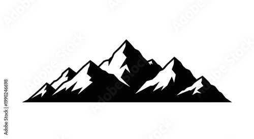 Black silhouette of rugged snow capped mountains against a white background symbolizing adventure and nature