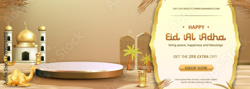 Eid Al Adha Background with Mosque Camel Podium and Arabic Decoration