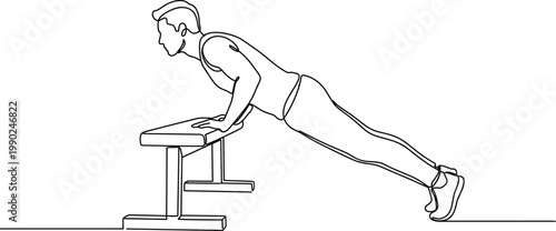 Man performing incline push up exercise using bench upper body strength training fitness workout line art vector illustration