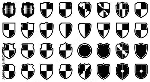 Collection of black and white heraldic shields with various designs on white background