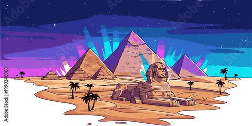 Giza plateau nigh landscape with egyptian pharaohs pyramids complex illuminated with moonlight neon colors.