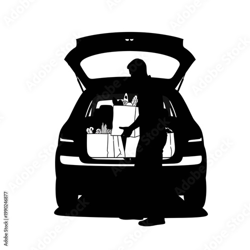 Silhouette of a Man Loading Grocery Bags into Car Trunk Vector