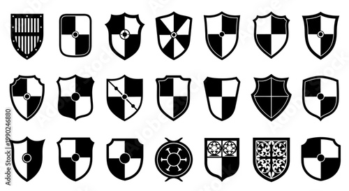 Collection of 25 black and white heraldic shields with various designs on white background