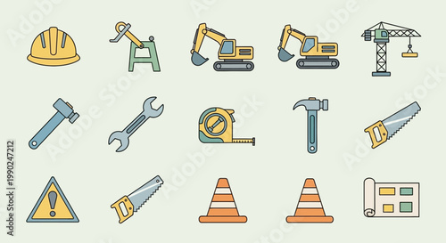Construction tools and equipment icons set