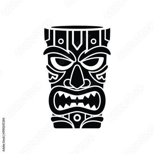 Tiki mask totem icon in black and white vector illustration of polynesian tribal culture traditional hawaiian deity sculpture for tropical parties beach events and ethnic art designs.