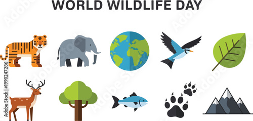 World Wildlife Day vector icon collection of animals, plants, and nature