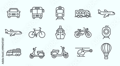 Transportation modes icons set car bus train RV airplane bicycle ship motorcycle