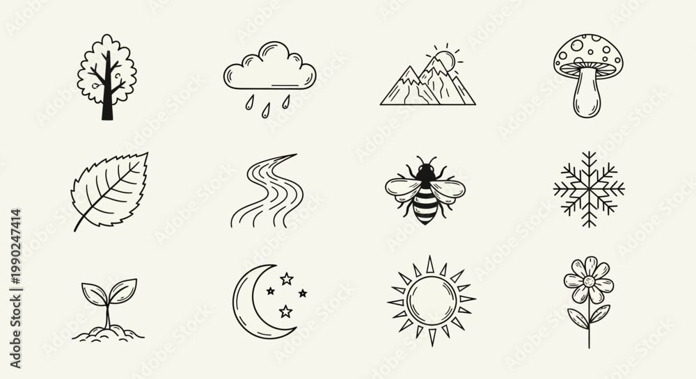 Obraz premium Nature icons set with tree leaf bee flower sun moon