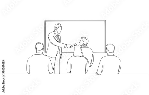 Continuous one line of mc leaning forward to hand microphone while seated participant responding naturally, public speaking and audience involvement concept, single line art