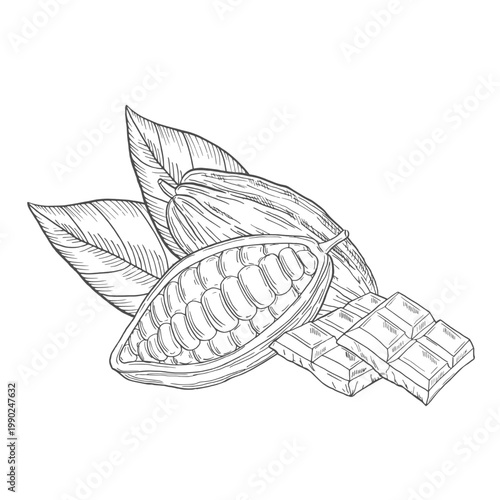 Organic cocoa beans for chocolate products in ink sketch art for graphic design