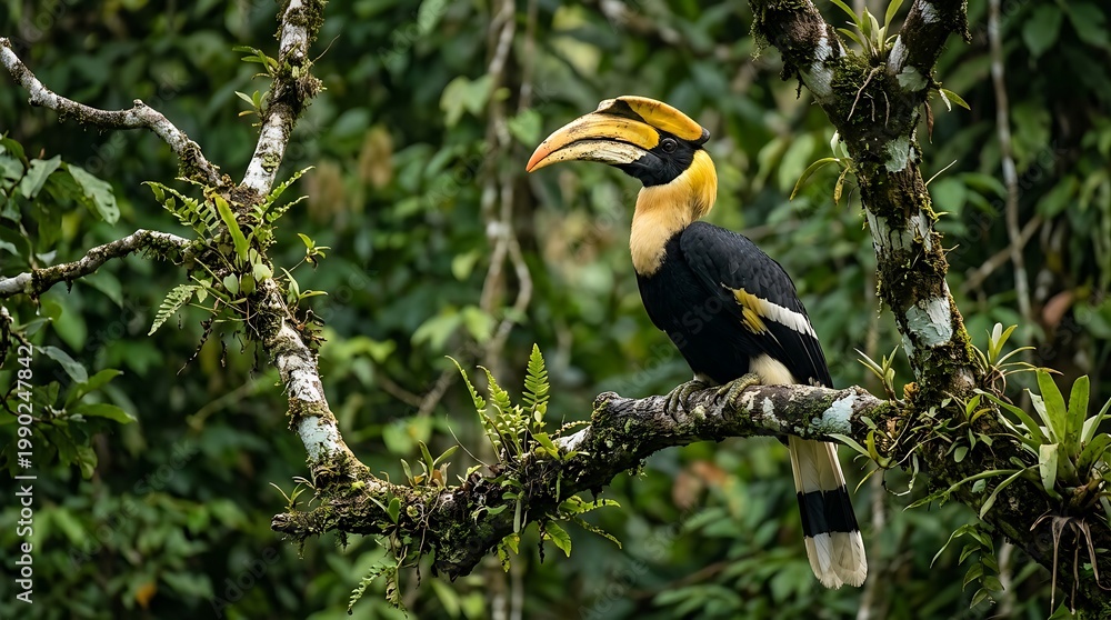 Obraz premium Colorful Hornbill Bird Perched on Tree Branch in Dense Jungle