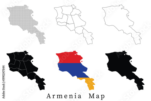 Set of Armenia map silhouettes including administrative divisions, dotted patterns, line art outlines, and the national flag version.