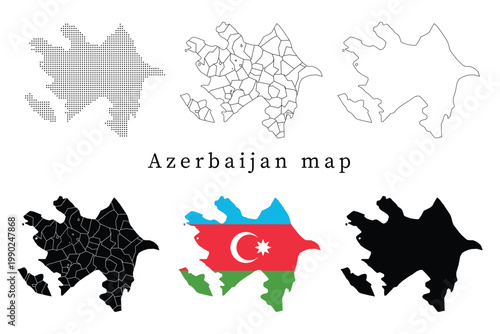 Set of Azerbaijan map silhouettes including administrative divisions, dotted patterns, line art outlines, and the national flag version.