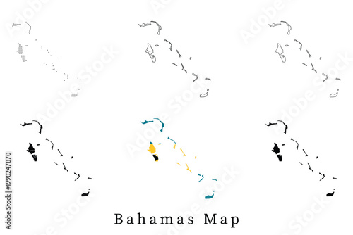 Set of Bahamas map silhouettes including administrative divisions, dotted patterns, line art outlines, and a stylized national flag colored version.