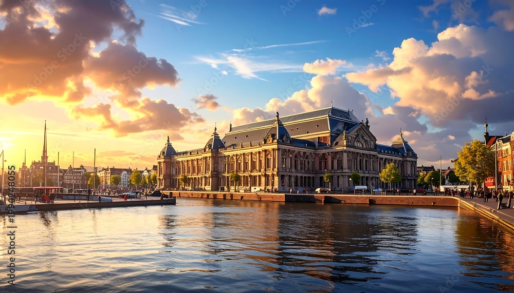 Obraz premium A serene cityscape at sunset with a large building by the water