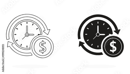 Time is Money Icon Set with Clock and Dollar Coin for Business Productivity Concept