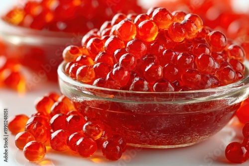 Pile of glistening red salmon caviar in a glass bowl, a luxurious seafood delicacy