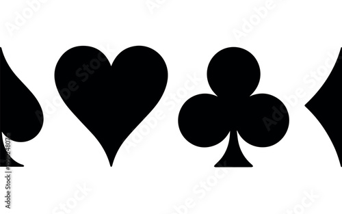 A striking black and white horizontal arrangement featuring the four classic playing card suits: spade, heart, club, and diamond, against a plain background.