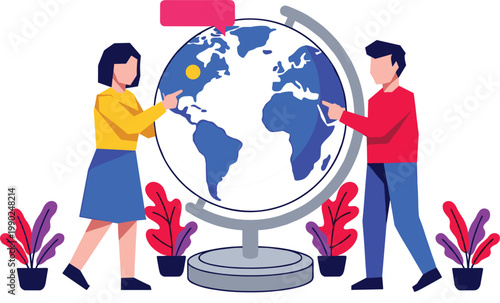 People interacting with world globe global communication geography education travel concept teamwork international connection flat vector illustration