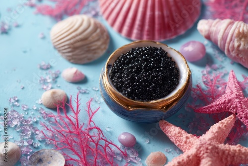 Rich Black Caviar Served Elegantly in a Decorative Bowl Surrounded by Seafood Elements