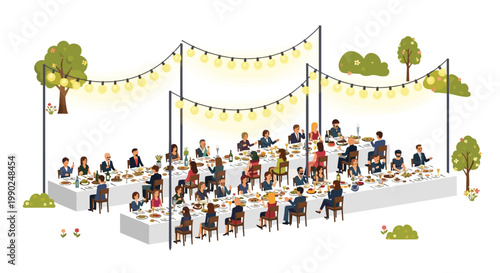 A large group of elegantly dressed people enjoys a formal dinner at long white banquet tables decorated with food under strings of glowing lights.
