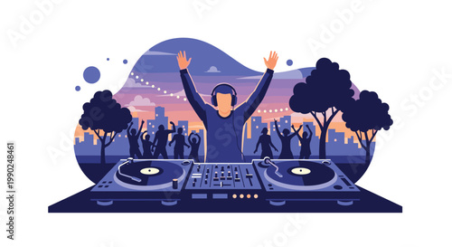 A professional disc jockey wearing headphones raises his hands in excitement behind a dual turntable setup during a vibrant outdoor nighttime music festival.