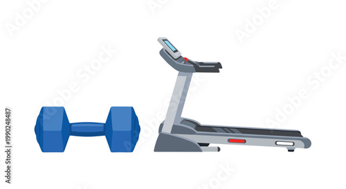 A single bright blue hexagonal dumbbell sits on the floor next to a sophisticated grey motorized treadmill designed for indoor cardiovascular exercise.