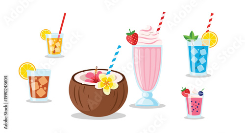 A vibrant collection of refreshing tropical summer beverages featuring a hollowed coconut drink and a creamy pink strawberry milkshake sits on a white surface.