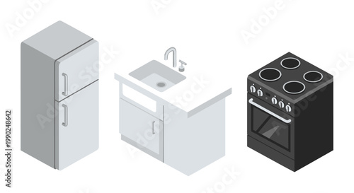 Meticulously rendered isometric kitchen appliances featuring a sleek grey refrigerator and a modern black electric stove stand out against a pristine white background.
