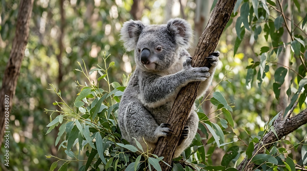 Fototapeta premium Young Gray Koala Climbing Tree Branch in Natural Forest Setting