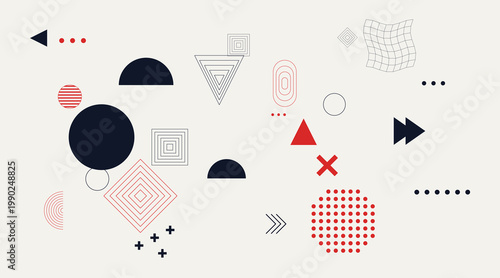 Memphis style abstract geometric elements set. Vector minimal graphic shapes with grid, dotted octagon, and nested triangles for modern creative design