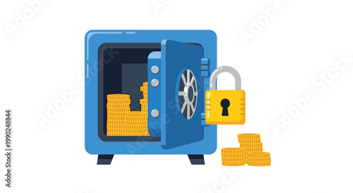 A heavy blue steel safe stands partially open to reveal gleaming stacks of golden coins while a sturdy yellow padlock secures the exterior latch firmly.