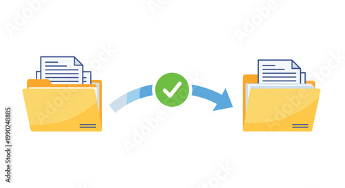 A curved blue arrow featuring a central green checkmark icon connects two identical yellow folders filled with white documents to indicate a successful transfer.