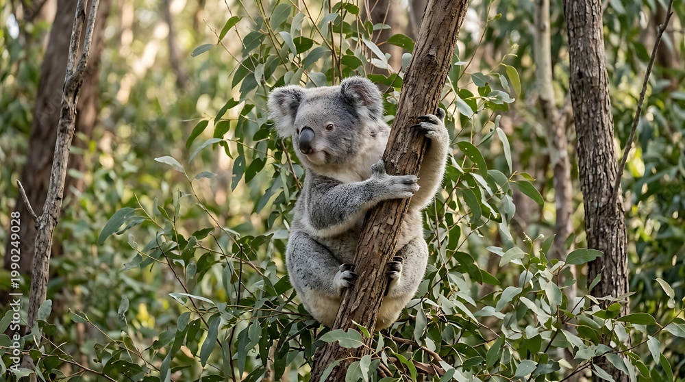 Fototapeta premium Cute Gray Koala Climbing Tree in Natural Forest Environment