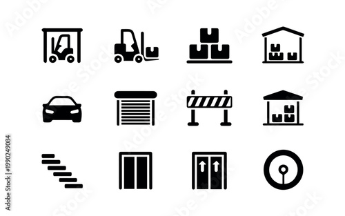A diverse assortment of black and white glyph icons related to parking, garages, accessibility, and urban infrastructure, including vehicles, barriers, and entryways.