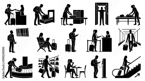 Airport Travel Activities Black Silhouette Icons Set - Passenger Security Check-in Glyphs