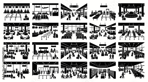 Airport Travel and Life Scenes Glyph Icons Set - Black  White Silhouette Pictograms