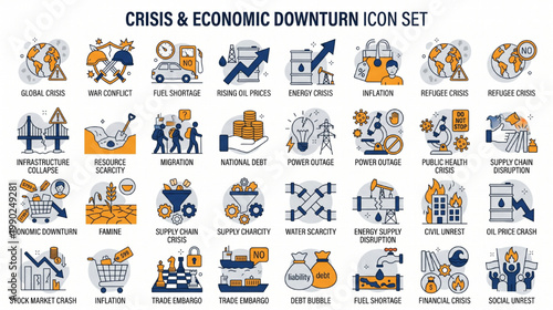 Global Economic and Environmental Crisis Icon Collection Modern Line Style Illustration