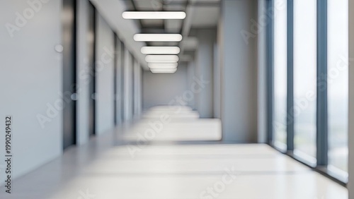 A long, bright and modern office hallway with windows and doors