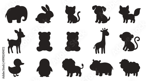 Cute Cartoon Black Animal Silhouettes Vector Icon Set for Kids and Nature Themes